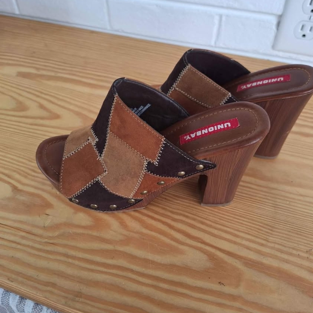 Unionbay Women's Brown Patchwork Heeled Mules